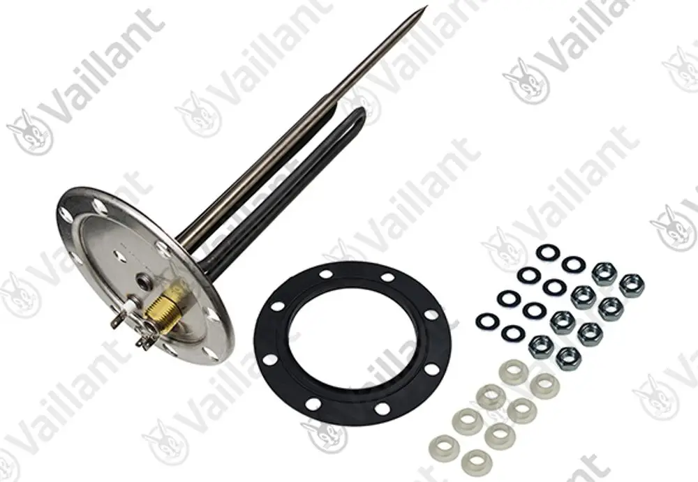 Vaillant Heizkörperkomponente mit zwei Edelstahlheizelementen, Montageplatte, Dichtungsgummi und Zubehörteilen wie Schrauben und Unterlegscheiben.